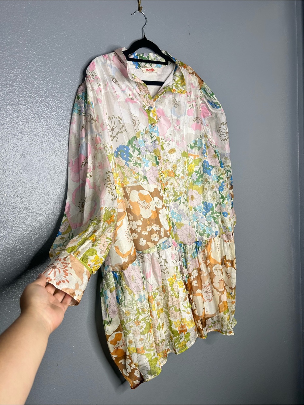 Mazik Pastel Patchwork  Floral Button-Front Drop Waist Flowy Dress size Large